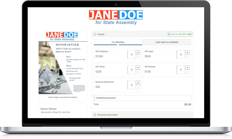 Laptop showing example of a custom online campaign fundraising event donations page